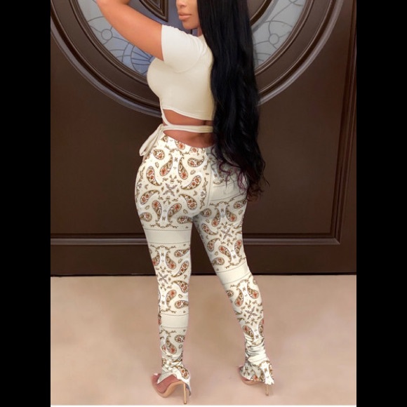 Cashew Print Beige Wrap Around Crop Top & Matching Leggings/Pants 2pc Outfit - Picture 2 of 2